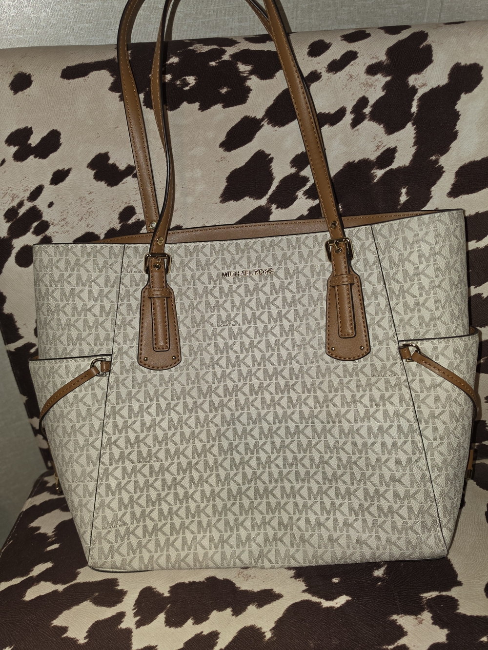 Michael Kors Beige MK Signature Tote with Brown Trim